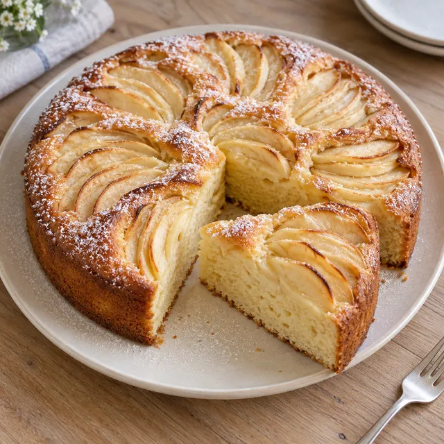 Apfelkuchen mit aufgefächerten Apfelscheiben, Puderzucker und lockerem Rührteig