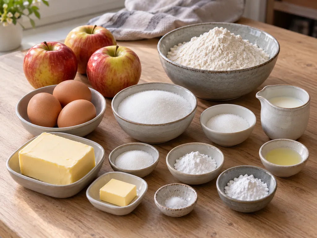 Äpfel, Butter, Eier, Mehl, Milch und Zucker für einen Apfelkuchen