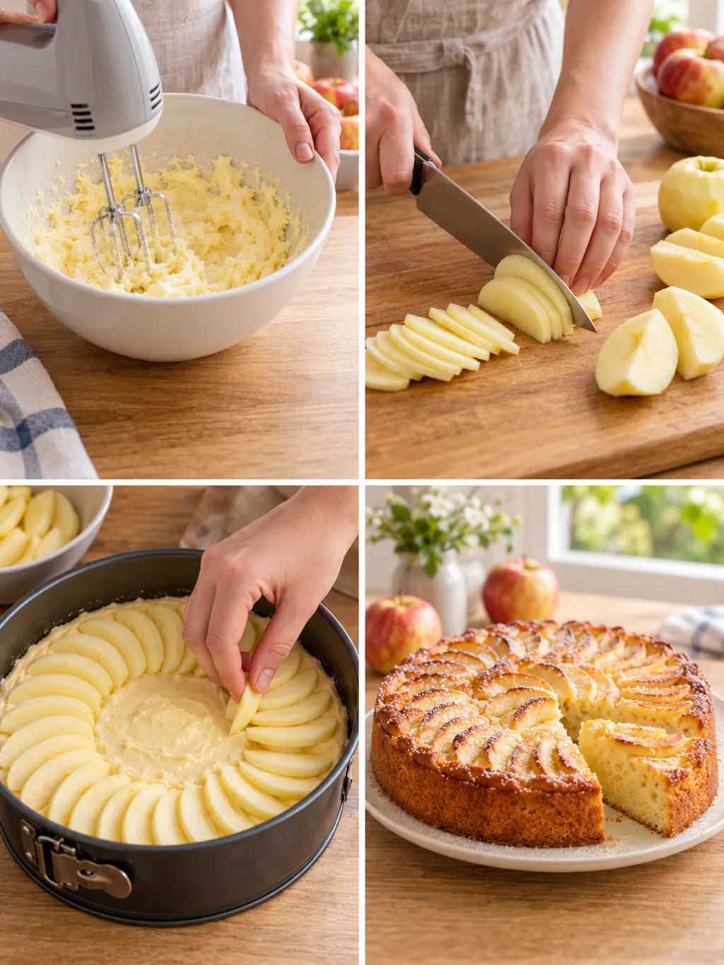 Butter aufschlagen, Äpfel schneiden, Kuchen belegen und fertiger Apfelkuchen