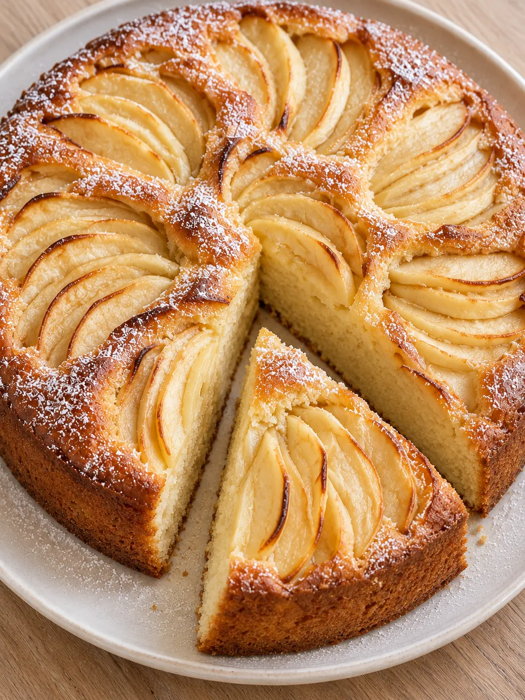 Apfelkuchen mit dünnen Apfelfächern und Puderzucker auf einem hellen Teller