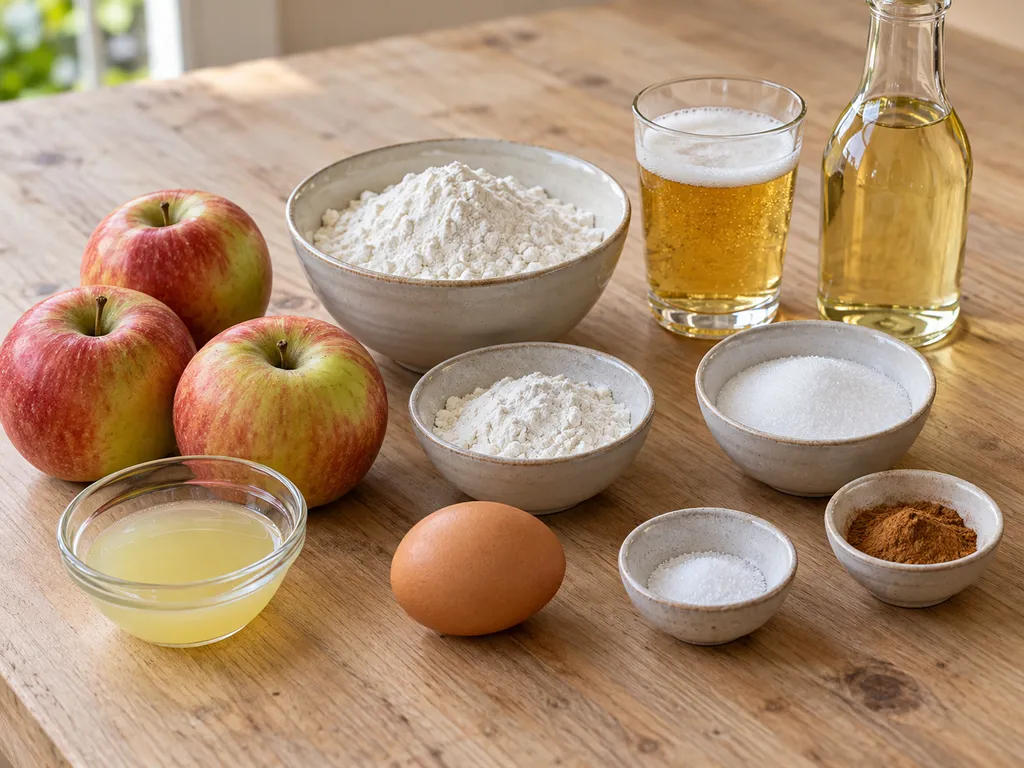 Äpfel, Mehl, Ei, Bier, Zitronensaft, Rapsöl, Zucker, Zimt und Salz für Apfelküchle