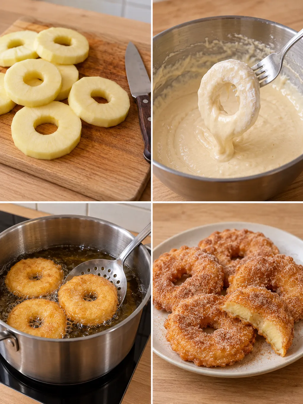 Apfelringe schneiden, in Bierteig tauchen, ausbacken und mit Zimtzucker servieren