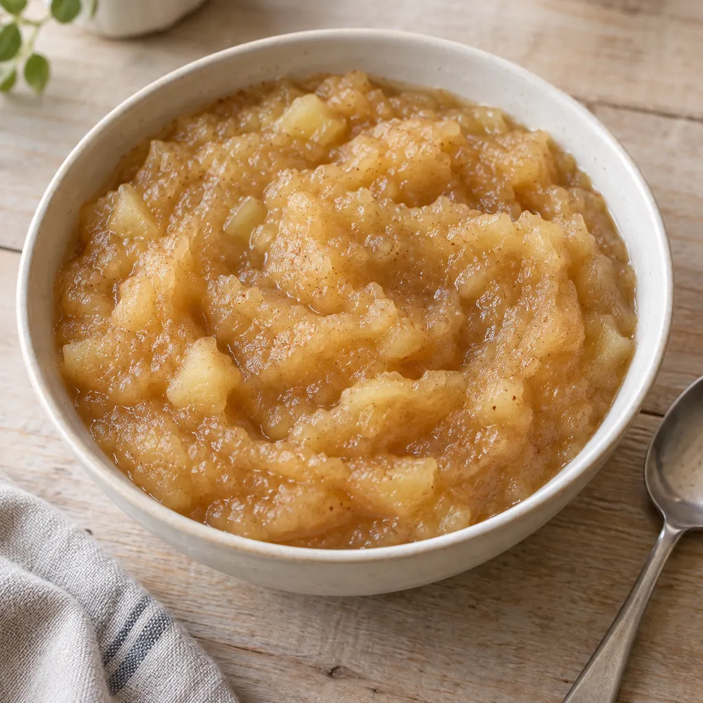 Hellgoldenes Apfelmus mit kleinen Fruchtstückchen in einer cremeweißen Schale