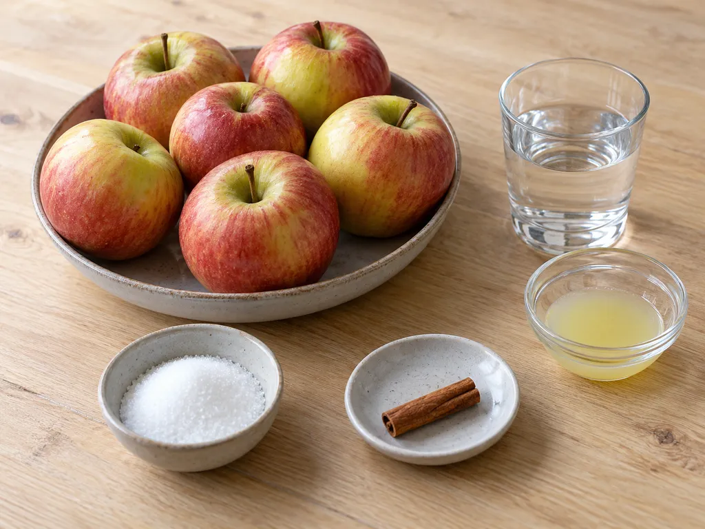 Äpfel, Wasser, Zitronensaft, Zucker und eine halbe Zimtstange für Apfelmus