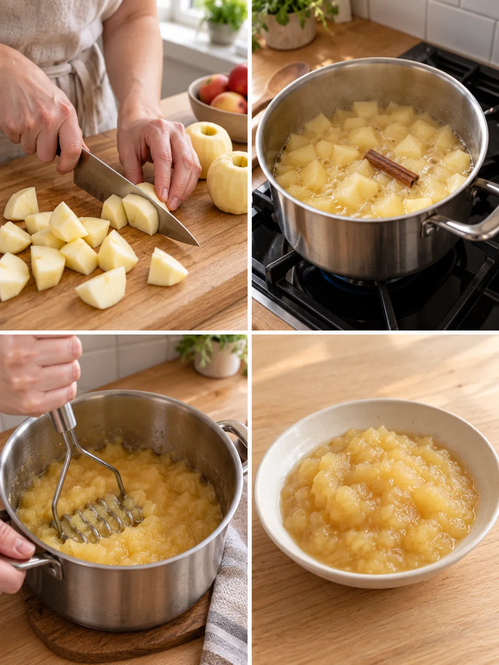 Äpfel schneiden, weich kochen, stampfen und fertiges Apfelmus servieren
