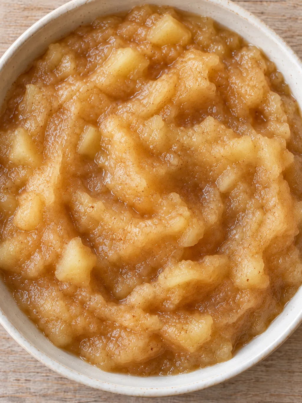 Löffelfestes Apfelmus mit weichen Fruchtstückchen in einer hellen Keramikschale