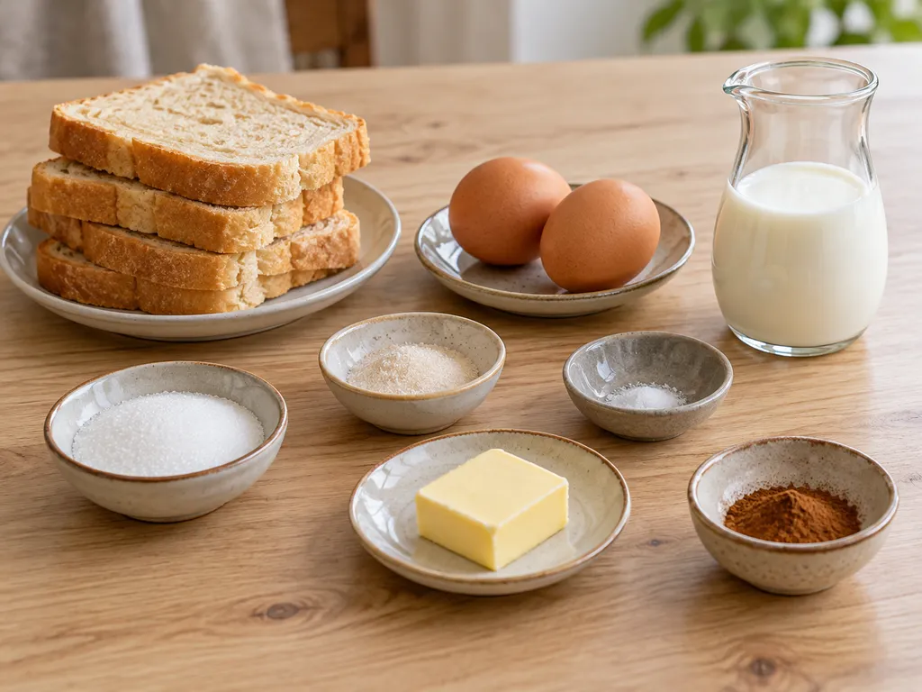 Weißbrot, zwei Eier, Milch, Butter, Vanillezucker, Zucker, Zimt und Salz