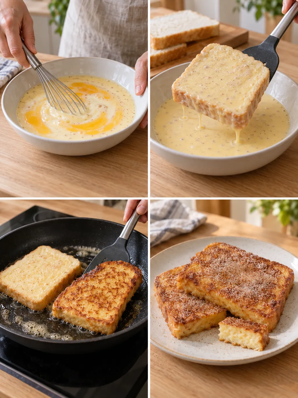 Eiermilch mischen, Brot eintauchen, goldbraun braten und Arme Ritter mit Zimtzucker servieren
