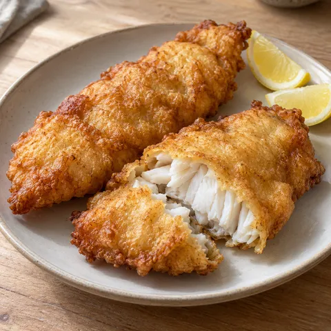 Goldbrauner Backfisch mit weißem Kabeljau im Anschnitt und Zitronenspalten