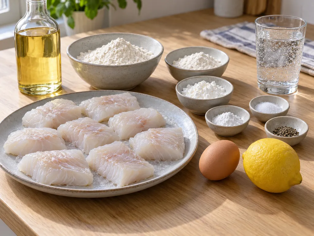 Kabeljau, Mehl, Stärke, Ei, Mineralwasser, Rapsöl und Zitrone für Backfisch