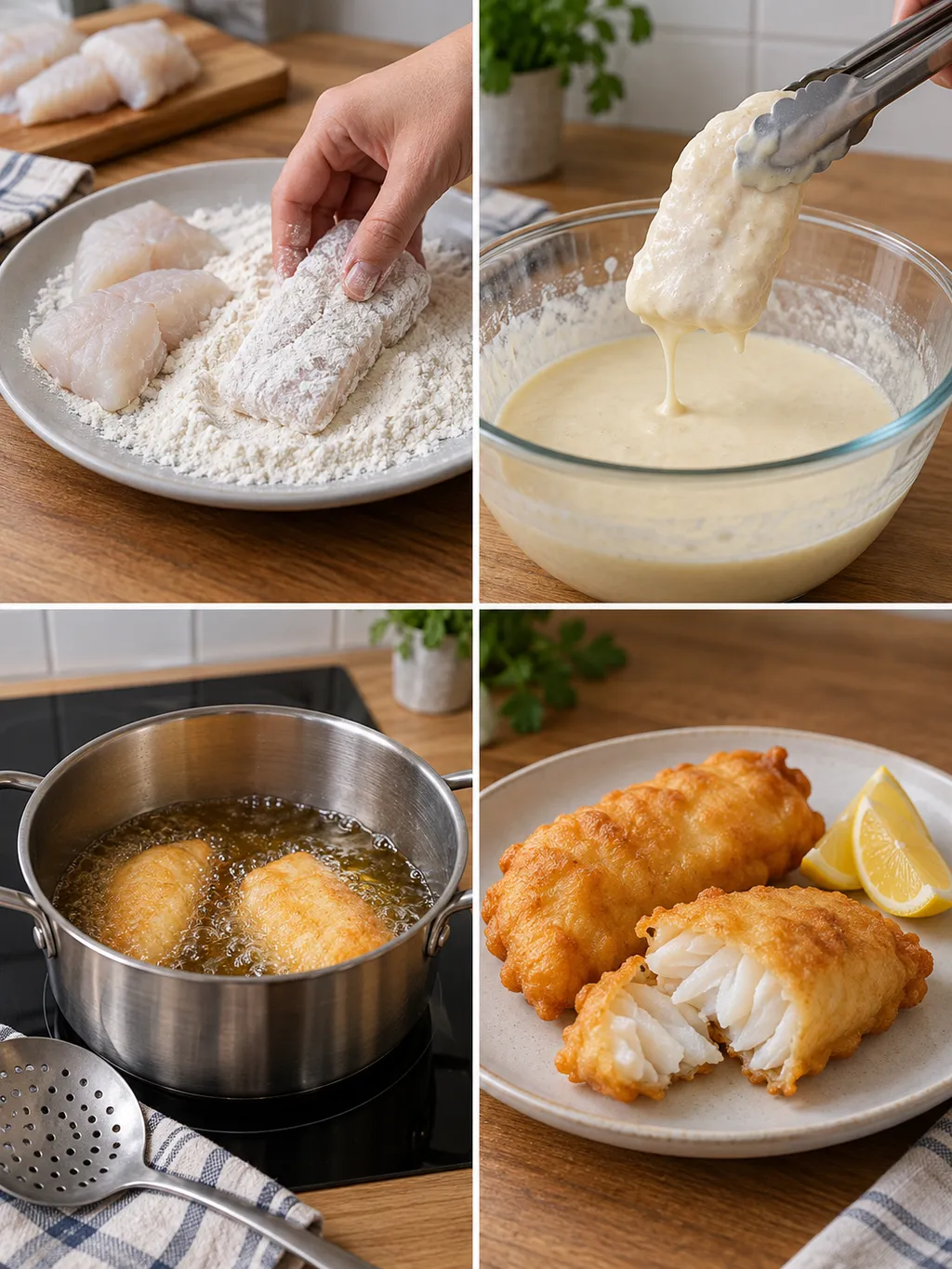 Kabeljau mehlieren, in Teig tauchen, frittieren und als Backfisch mit Zitrone servieren