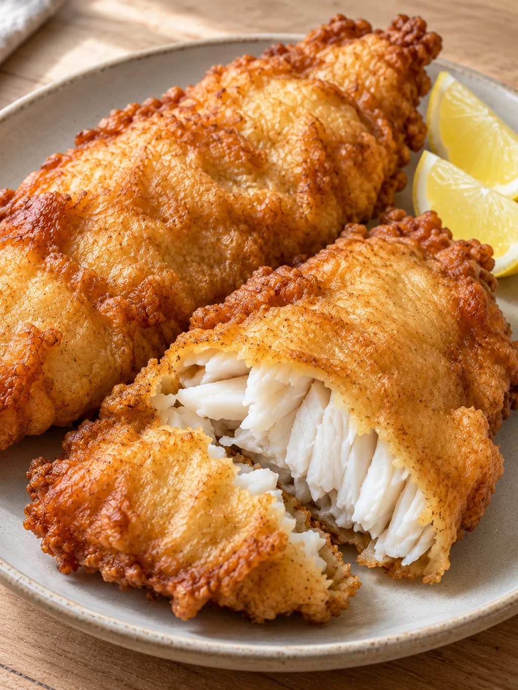 Knuspriger Backfisch mit saftigem Kabeljau im Anschnitt und Zitrone