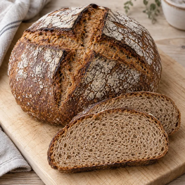 Bauernbrot mit dunkler Kruste und zwei Scheiben mit feinporiger Krume