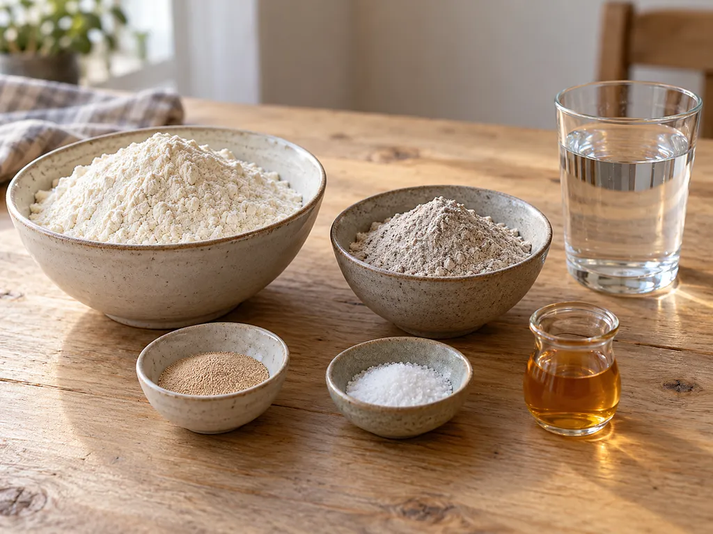 Weizenmehl, Roggenmehl, Trockenhefe, Salz, Wasser und Apfelessig für Bauernbrot