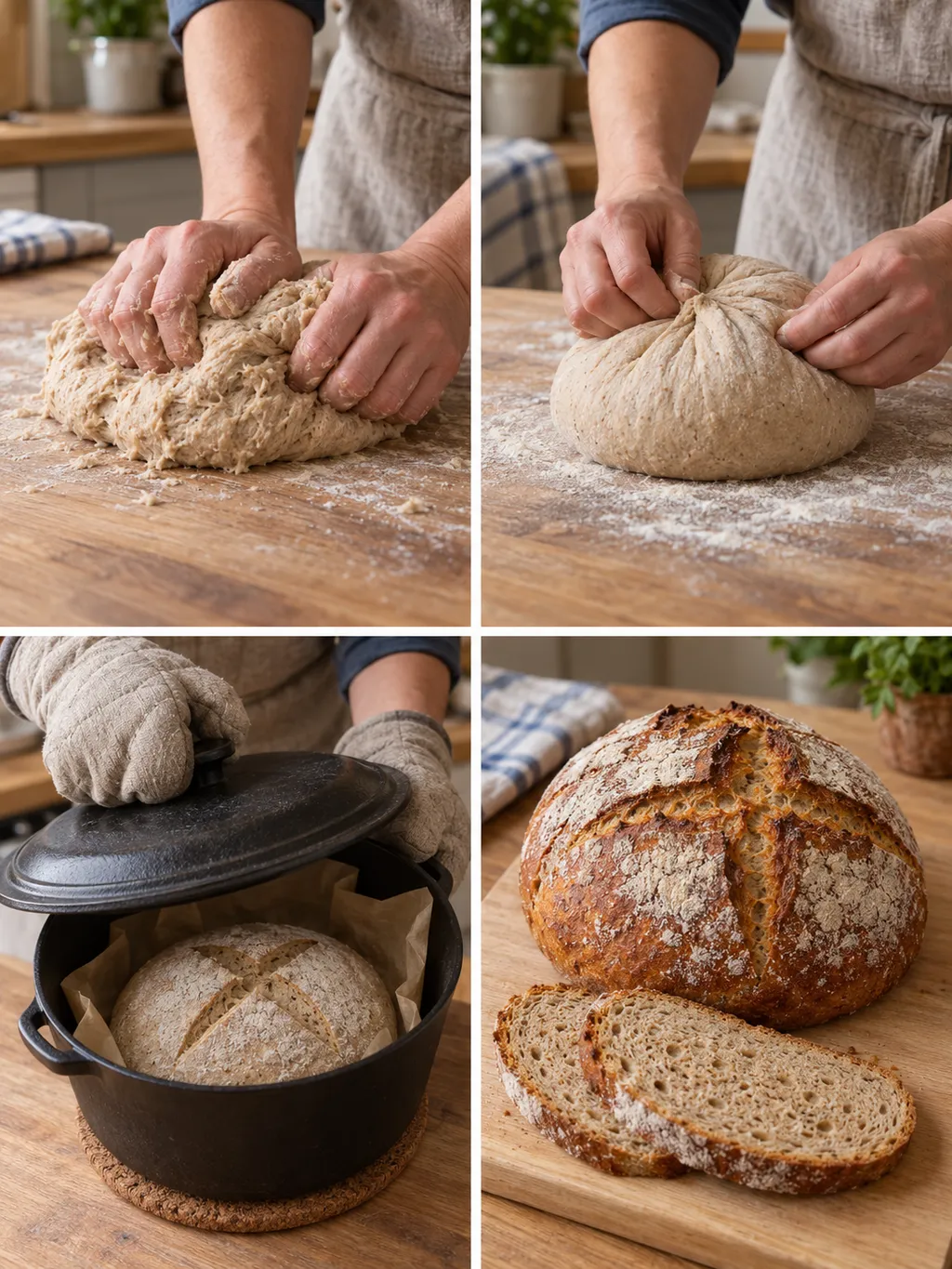 Bauernbrot beim Kneten, Formen und Einsetzen in den Topf sowie fertig aufgeschnitten