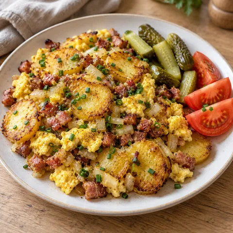 Bauernfrühstück mit goldgelben Kartoffeln, Speck, Ei, Schnittlauch, Gurken und Tomate