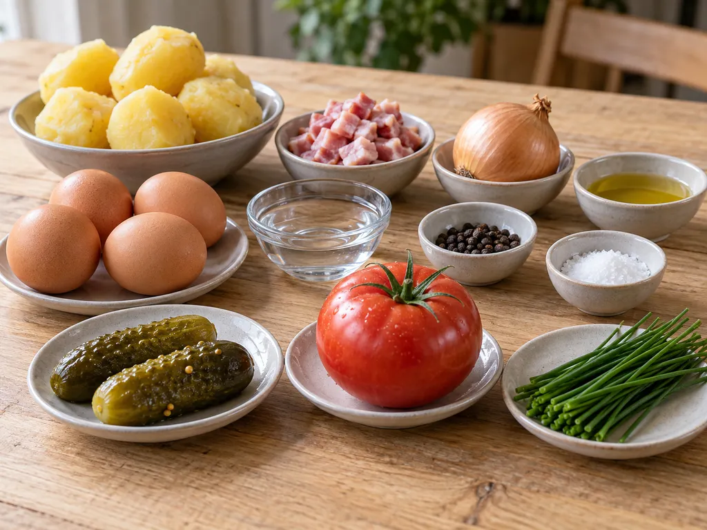 Kartoffeln, Speck, Zwiebel, Eier und weitere Zutaten für Bauernfrühstück