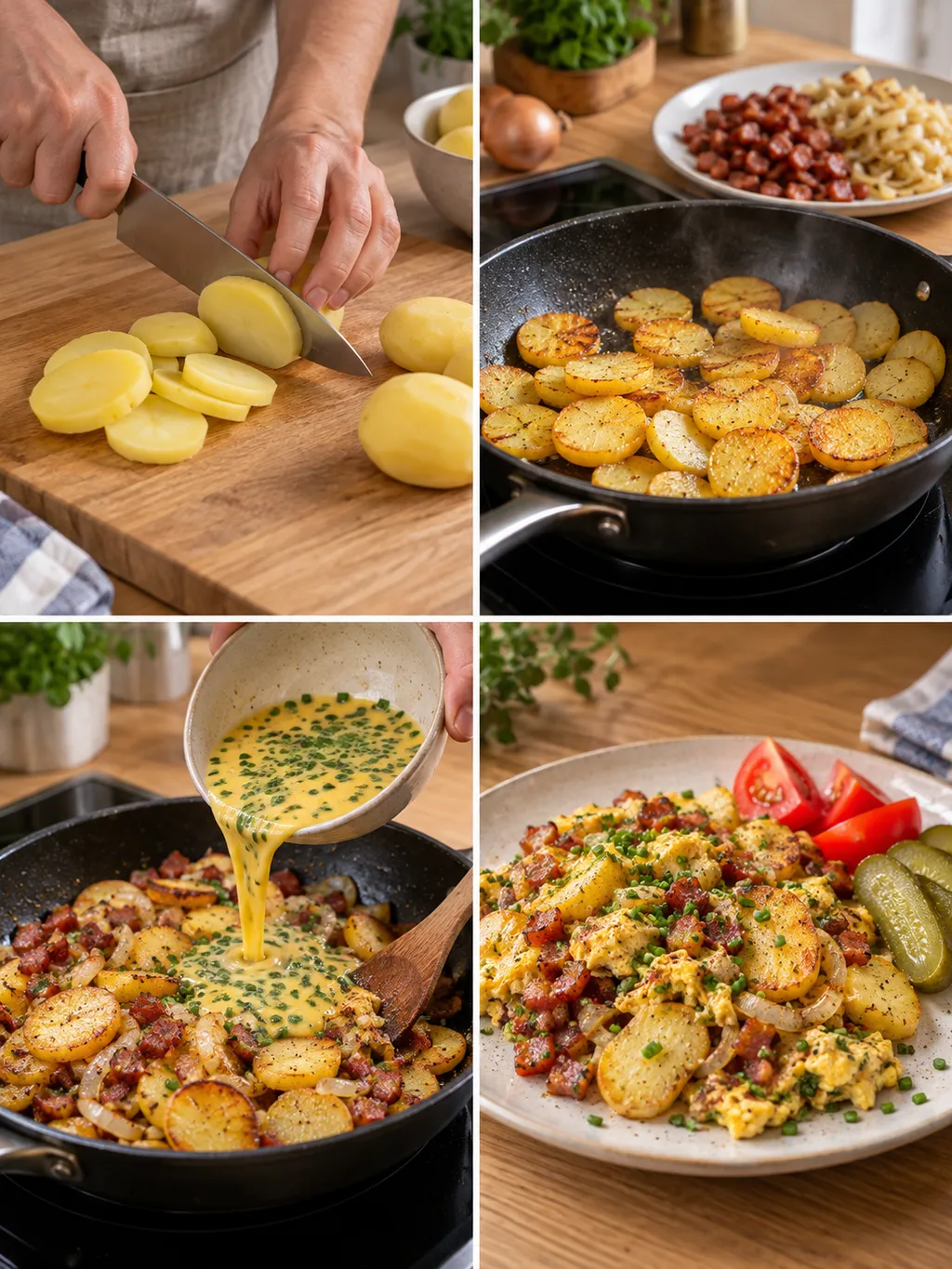 Kartoffeln schneiden, goldgelb braten, Ei zugeben und fertiges Bauernfrühstück servieren