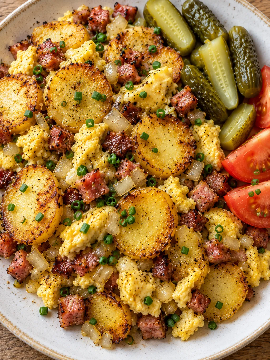 Bauernfrühstück mit Speck und gestocktem Ei, dazu Gewürzgurken und Tomatenspalten