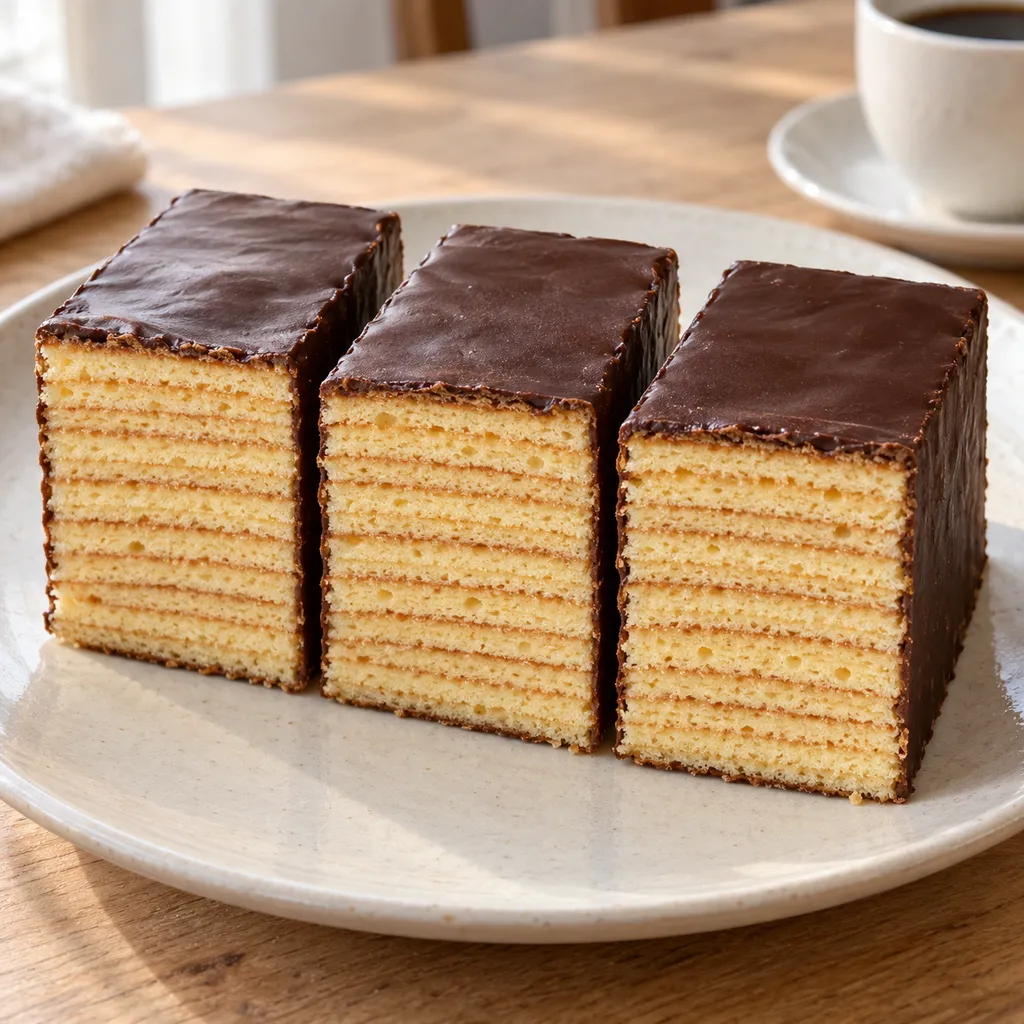 Baumkuchenstücke mit feinen hellen Schichten und dunklem Schokoladenüberzug