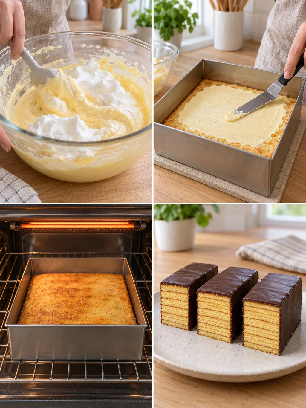 Baumkuchenteig unterheben, Schichten auftragen, grillen und fertig glasierte Stücke