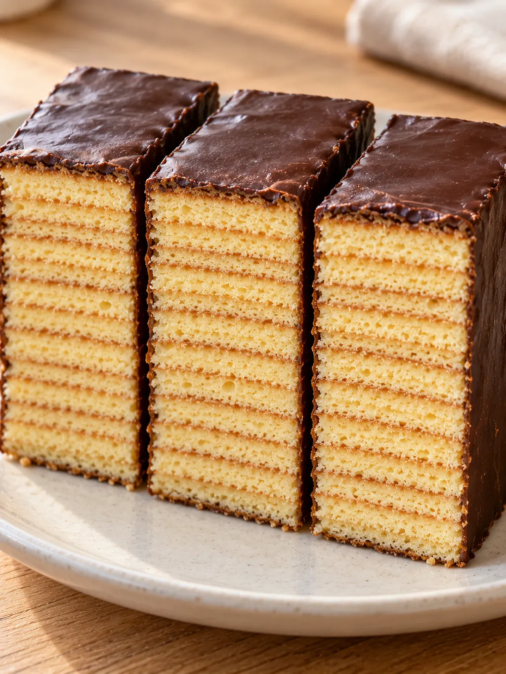 Feine Baumkuchenschichten unter einer dünnen dunklen Schokoladenhülle