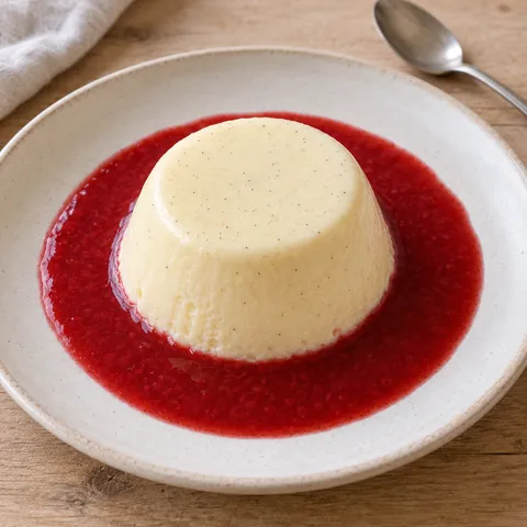 Gestürzte Bayerische Creme mit Vanillepunkten auf roter Himbeersoße