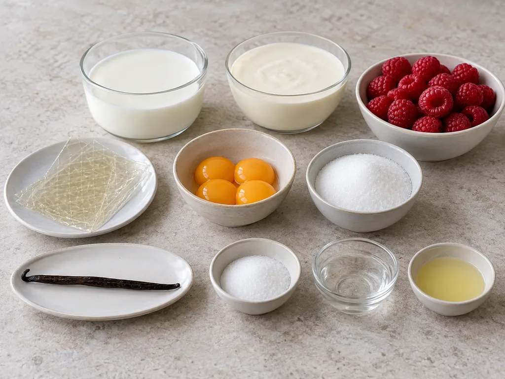 Milch, Sahne, Eigelb, Vanille, Gelatine und Himbeeren für Bayerische Creme