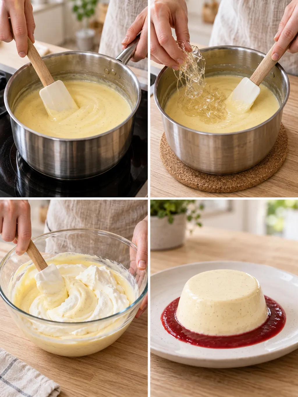 Eigelbbasis, Gelatine und Sahne bei der Zubereitung von Bayerischer Creme mit Himbeersoße