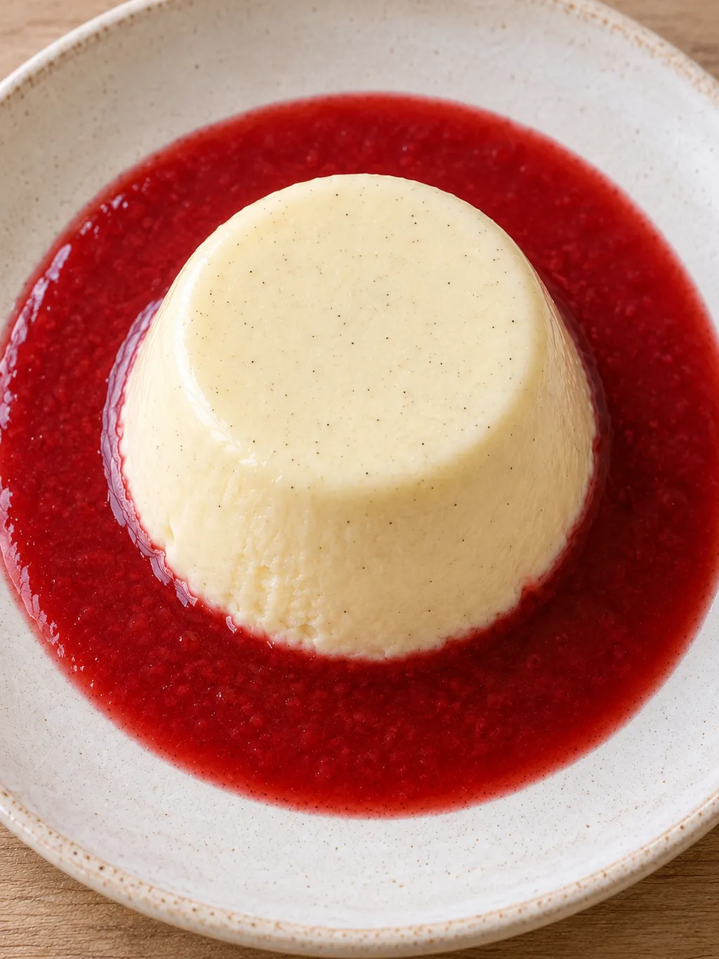 Bayerische Creme mit feinen Vanillepunkten und glatt passierter Himbeersoße