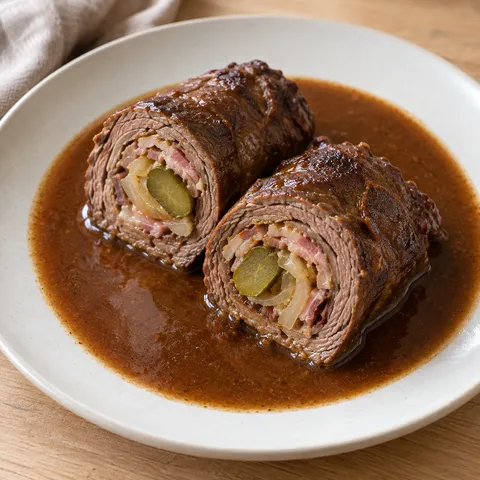 Rinderroulade mit Speck, Zwiebel und Gewürzgurke in dunkler Schmorsoße