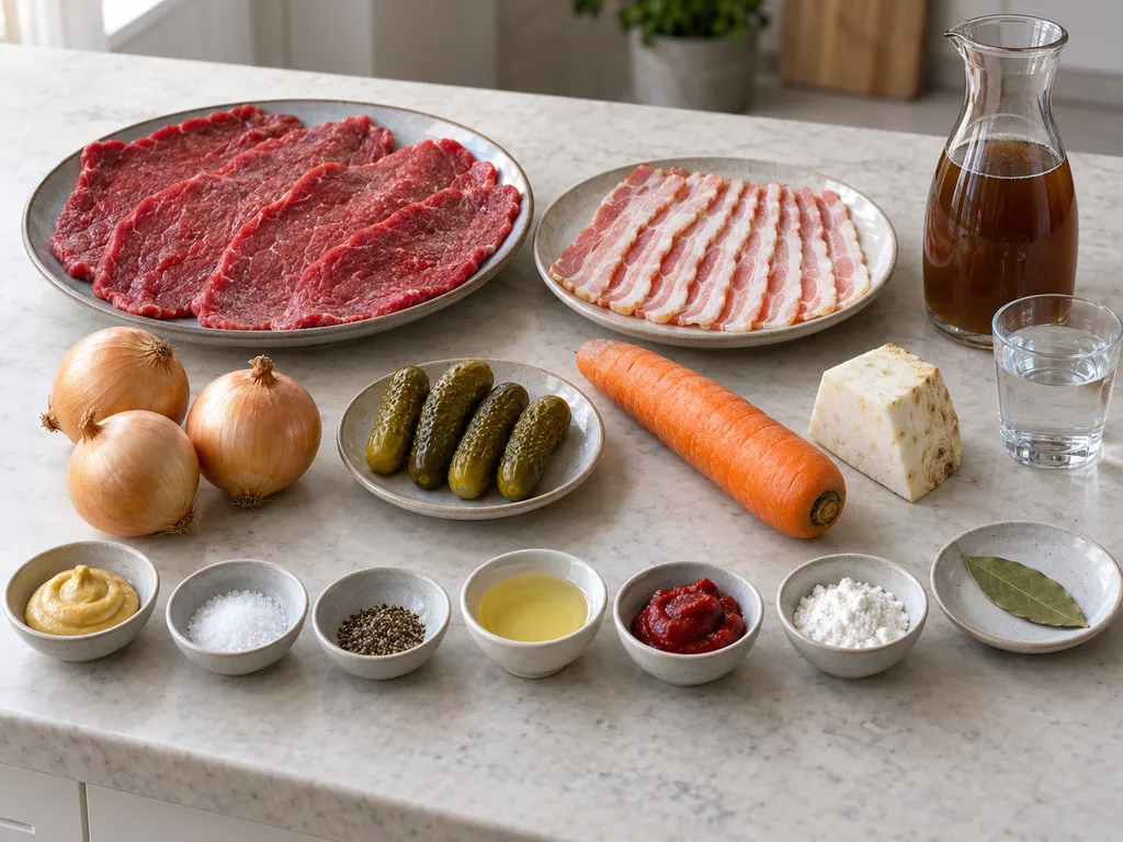 Rindfleisch, Speck, Senf, Gurken und Gemüse für vier Rinderrouladen