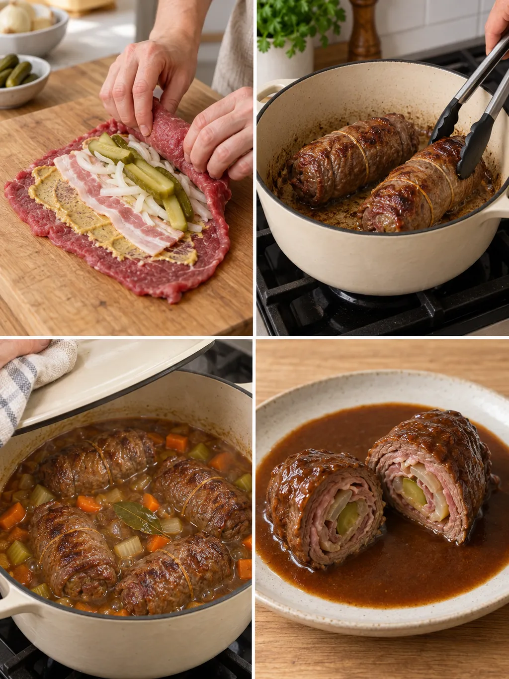 Rinderrouladen beim Füllen, Anbraten und Schmoren sowie fertig mit dunkler Soße