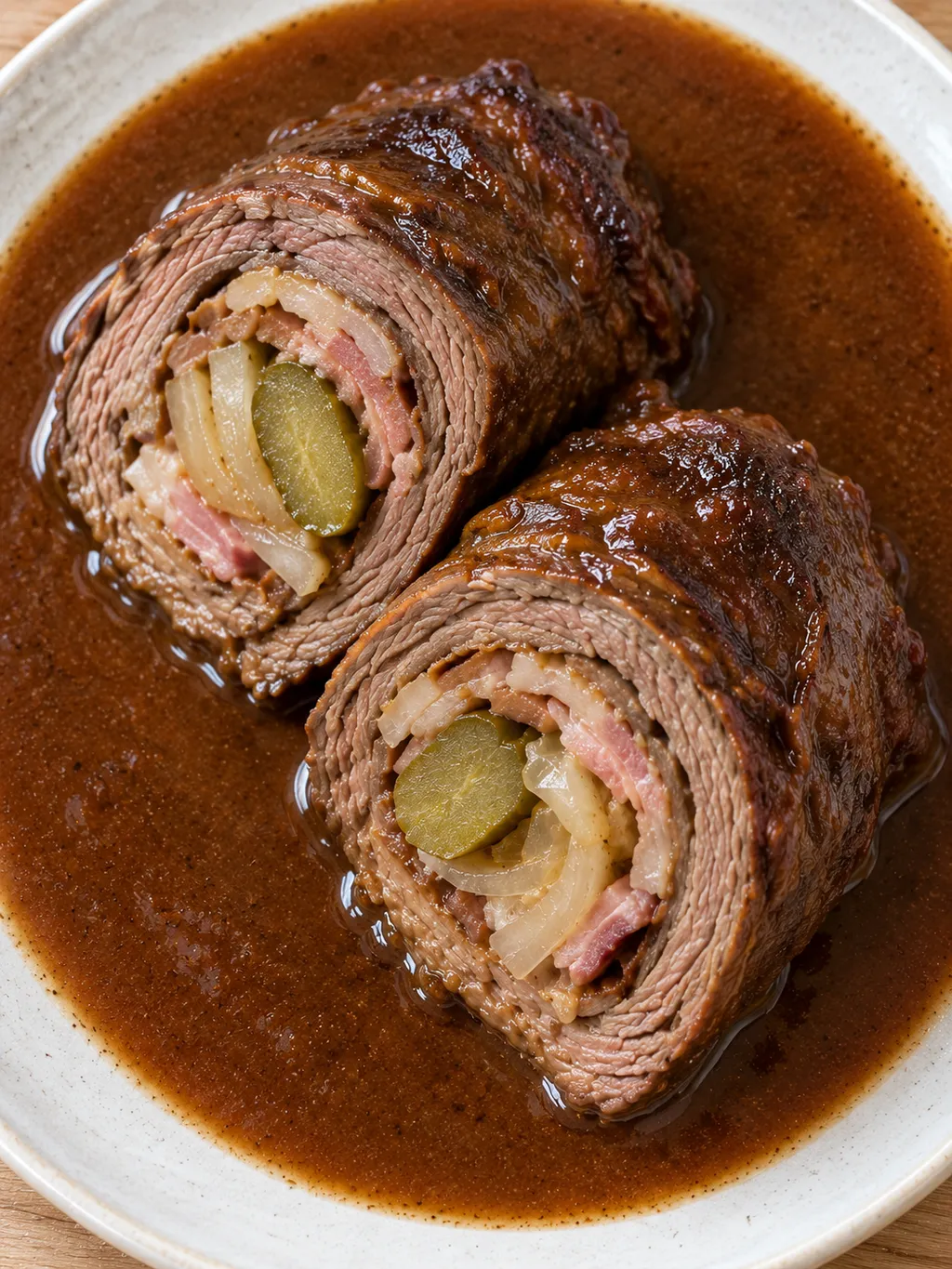 Aufgeschnittene Rinderroulade mit Gurkenfüllung und dunkler Soße