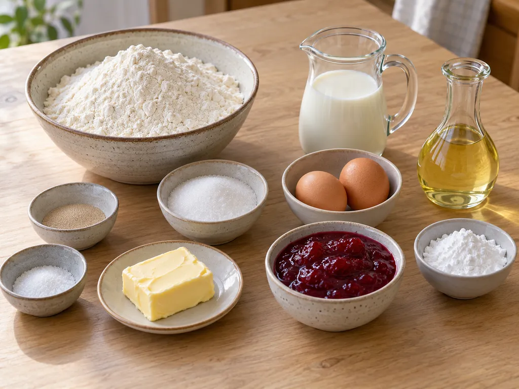 Mehl, Hefe, Milch, Eier, Butter, Zucker, Salz, Öl, Himbeerkonfitüre und Puderzucker