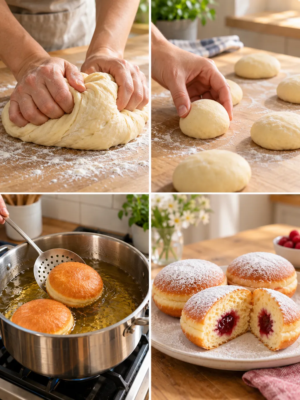 Hefeteig kneten, Berliner formen und ausbacken sowie fertige Berliner mit Himbeerfüllung