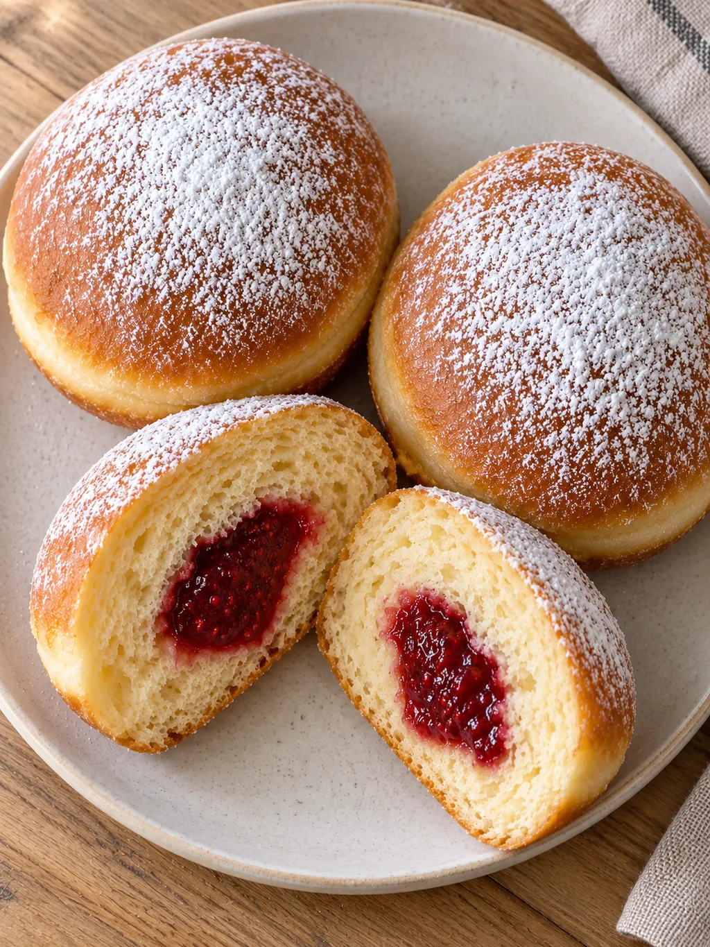 Mit Puderzucker bestäubte Berliner und aufgeschnittene Hälften mit Himbeerkonfitüre