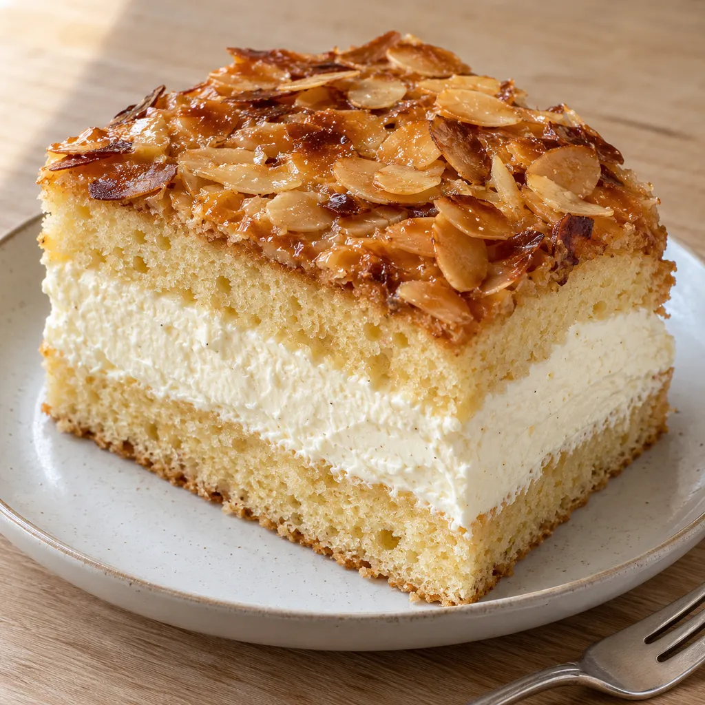 Bienenstich mit zwei Hefeteigschichten, Vanille-Sahne-Creme und goldbraunen Honigmandeln