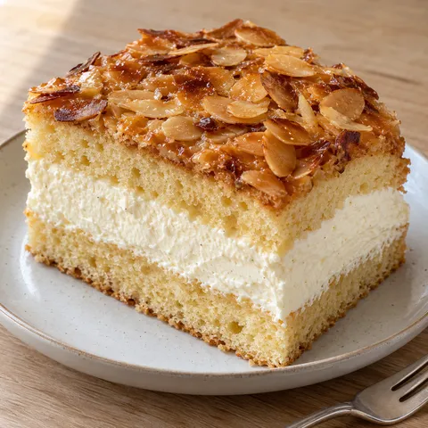Bienenstich mit zwei Hefeteigschichten, Vanille-Sahne-Creme und goldbraunen Honigmandeln