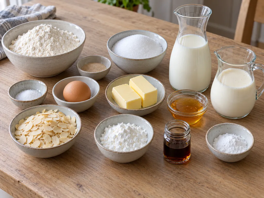 Mehl, Hefe, Ei, Milch, Butter, Honig, Mandeln und weitere Zutaten für Bienenstich