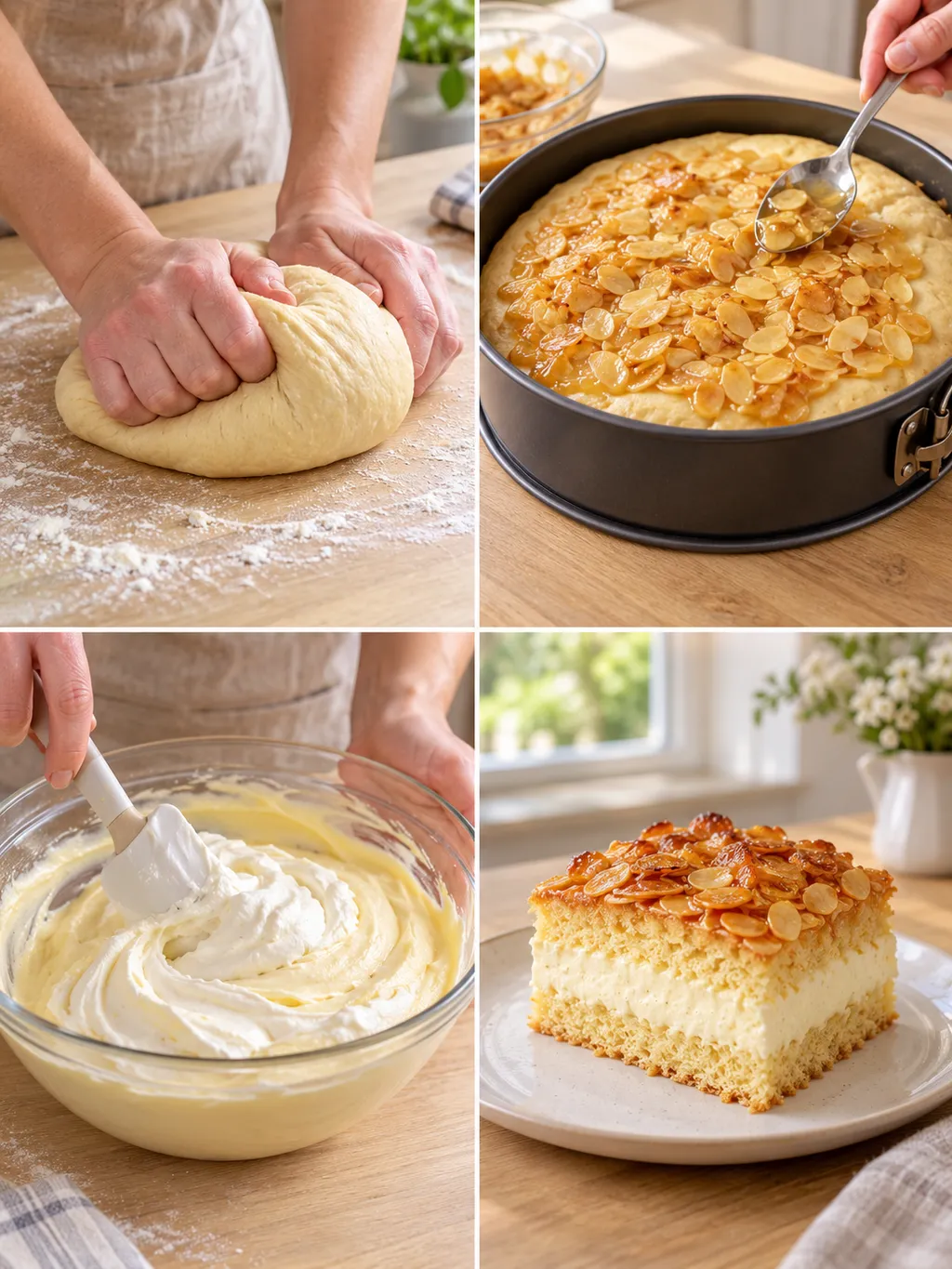 Bienenstich beim Kneten, Belegen und Cremeheben sowie als fertig gefülltes Kuchenstück