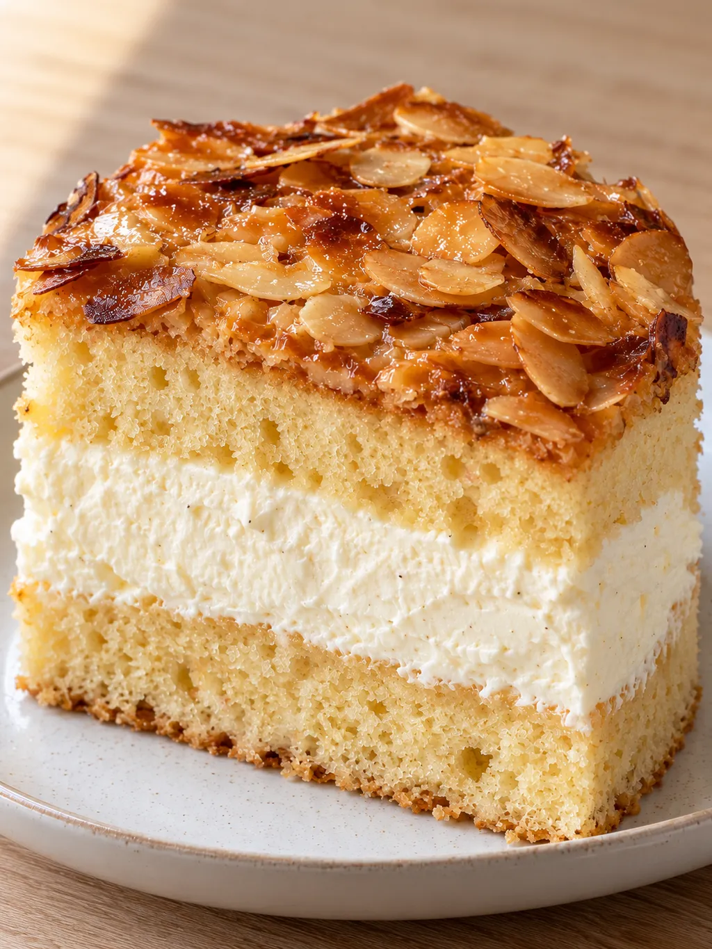 Bienenstichstück mit luftiger Vanille-Sahne-Creme und knuspriger Mandelkruste