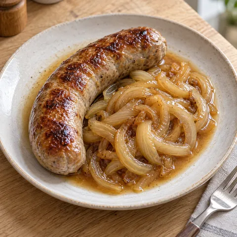 Goldbraune Bierbratwurst mit geschmorten Zwiebeln und bernsteinfarbenem Biersud