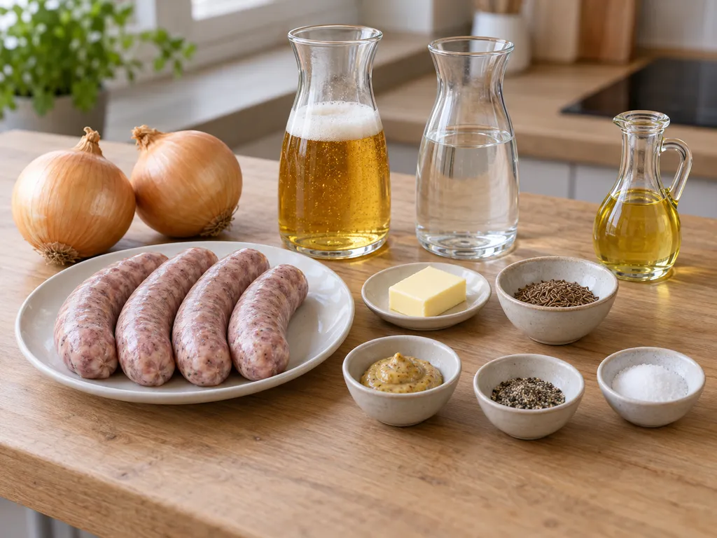 Vier rohe Bratwürste mit Zwiebeln, Bier, Butter, Senf und Gewürzen