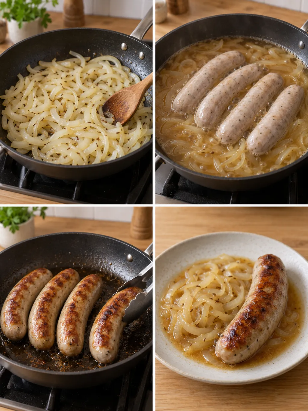 Zwiebeln anschwitzen, Bratwürste im Bier garen, bräunen und fertig anrichten