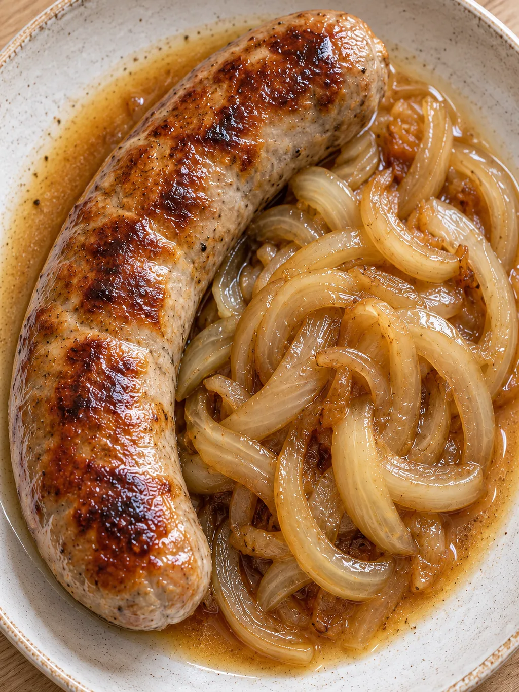 Gebräunte Bierbratwurst neben weichen Zwiebeln in würzigem Biersud