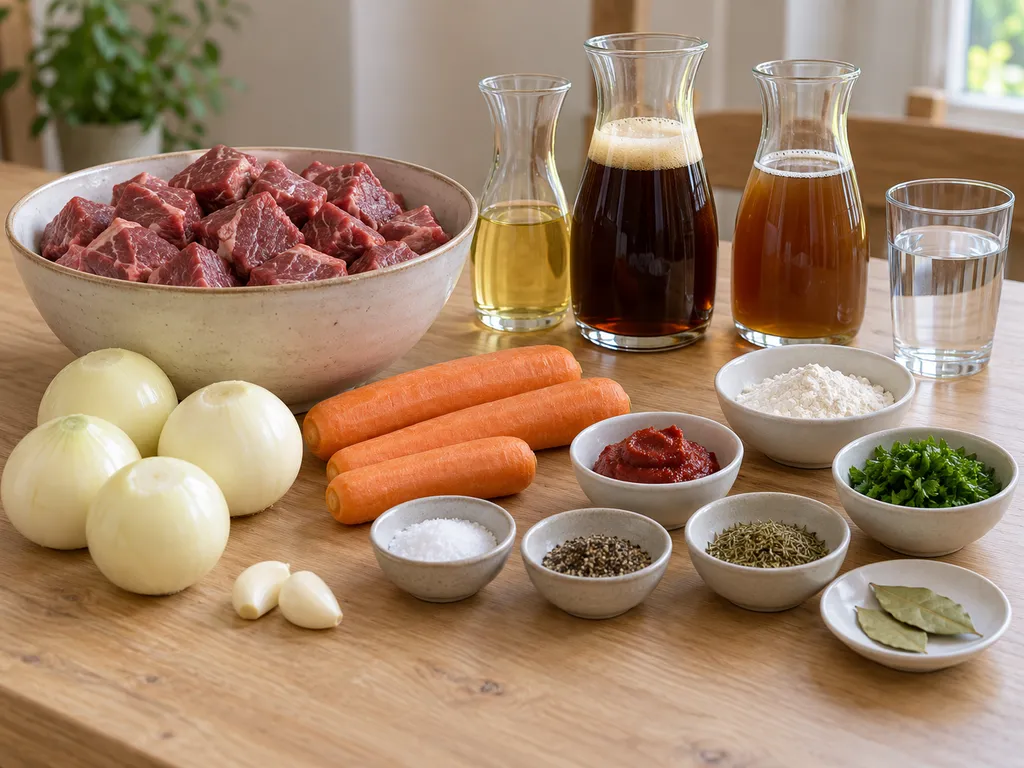 Rinderschulter, dunkles Bier, Zwiebeln, Möhren und Gewürze für Bierfleisch