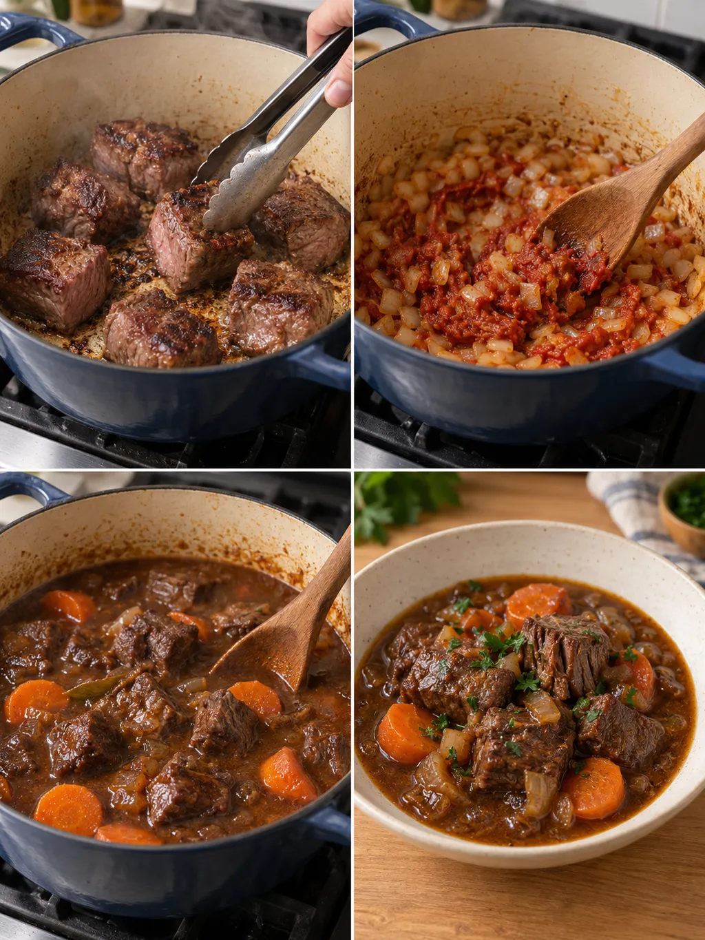 Bierfleisch beim Anbraten, beim Soßenansatz, beim Schmoren und fertig angerichtet