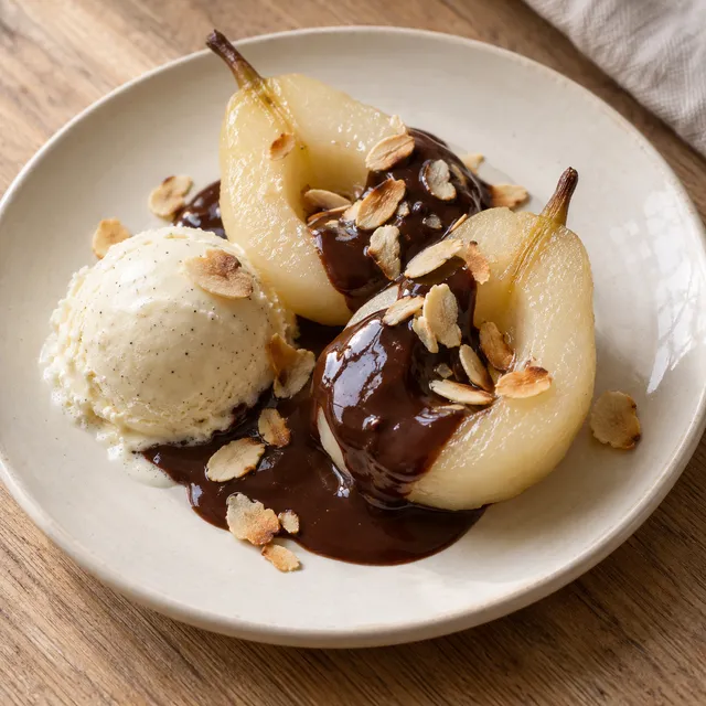 Birne Helene mit zwei Birnenhälften, Vanilleeis, Schokosoße und Mandelblättchen