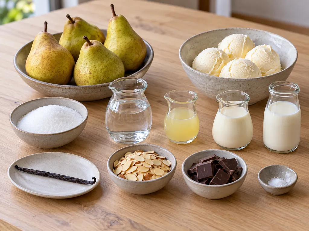 Birnen, Vanille, Schokolade, Sahne, Milch, Eis und weitere Zutaten für Birne Helene